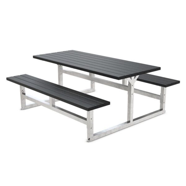 Picknickbord utan ryggstöd av återvunnen plast med bultad ram för 6 personer
