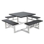 Picknickbord utan ryggstöd av återvunnen plast med bultad ram för 8 personer