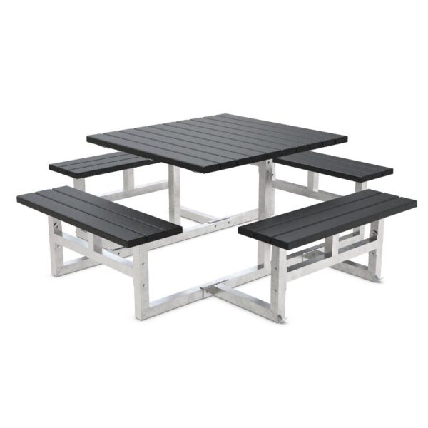 Picknickbord utan ryggstöd av återvunnen plast med bultad ram för 8 personer
