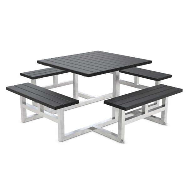 Picknickbord utan ryggstöd av återvunnen plast med svetsad ram för 8 personer