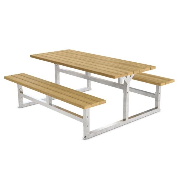 Picknickbord utan ryggstöd av bokträ med bultad ram för 6 personer