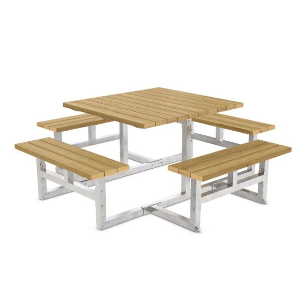 Picknickbord utan ryggstöd av bokträ med bultad ram för 8 personer